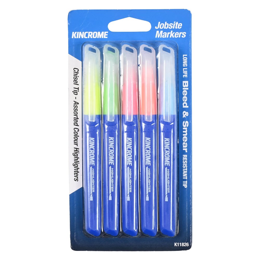 5Pce Assorted Colours Chisel Tip Highlighter Pack K11826 by Kincrome