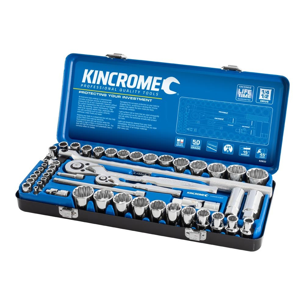 52Pce 1/4" + 1/2" Socket Set Drive Imperial + Metric K28032 by Kincrome