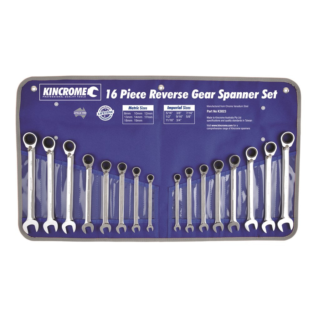 16Pce Combination Gear Spanner Set Imperial & Metric Reversible K3023 by Kincrome