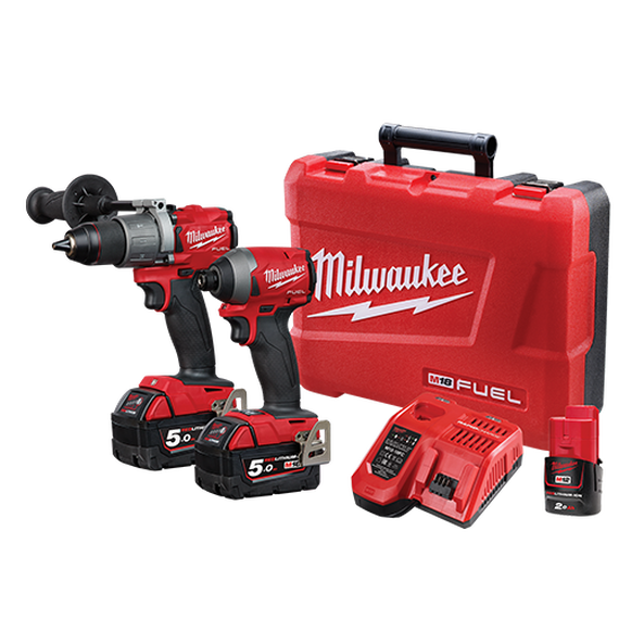 2Pce 18V 5.0Ah Hammer Drill + Impact Driver Kit M18FPP2A2-502C by Milwaukee