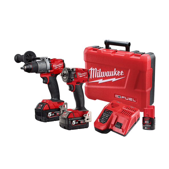 2Pce 18V 5.0Ah FUEL Hammer Drill + Impact Wrench Kit M18FPP2S2-502C by Milwaukee