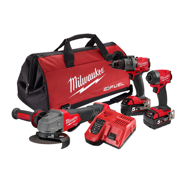 3Pce 18V 5.0Ah Hammer Drill + Hex Impact Driver + Angle Grinder with Deadman Paddle Switch Kit M18FPP3A3502B by Milwaukee