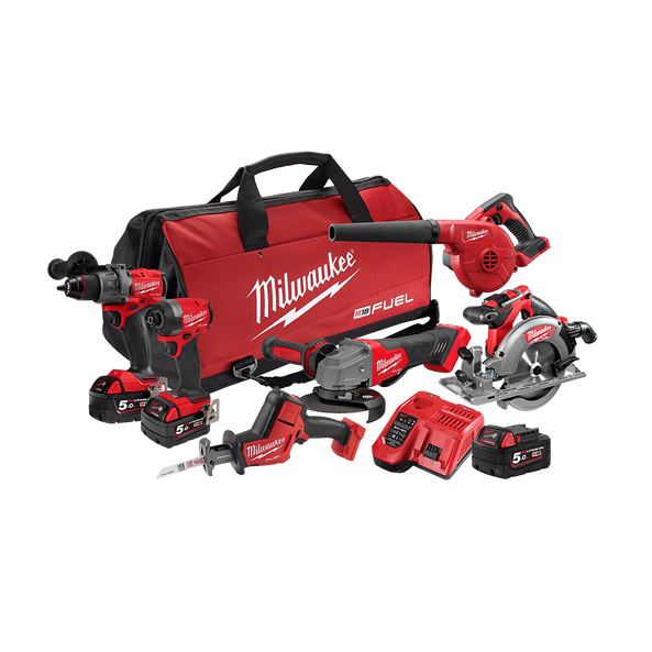 6Pce 18V 5.0Ah FUEL™ Hammer Drill + Hex Impact Driver + Angle Grinder + Recip Saw + Circular Saw + Blower Kit M18FPP6A3503B by Milwaukee