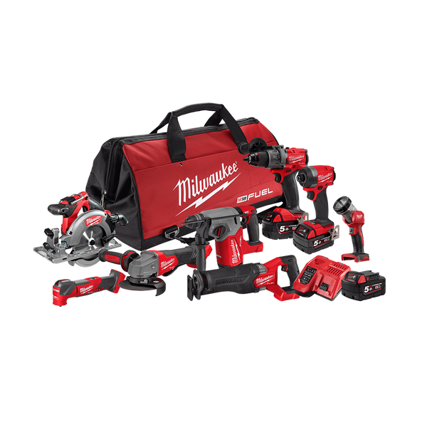 8Pce 18V 5.0Ah FUEL™ Hammer Drill + Hex Impact Driver + Angle Grinder + Rotary Hammer + Circular Saw + Recip Saw + Work Light + Multi-Tool Kit M18FPP8A3503B by Milwaukee