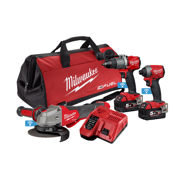 3Pce 18V 5.0Ah FUEL ONE-KEY Hammer Drill + Impact Driver + Angle Grinder Kit M18ONEPP3A2502B by Milwaukee