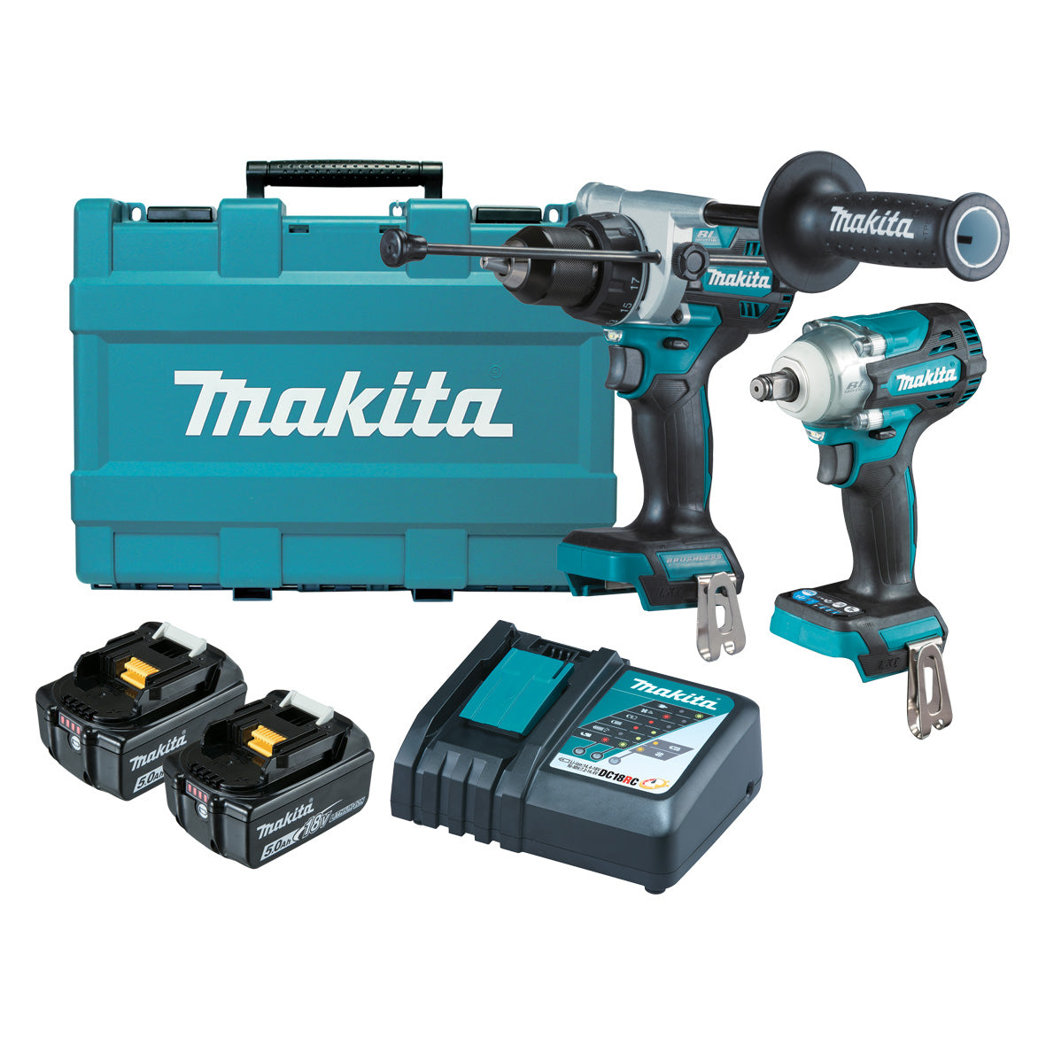 18V 5.0Ah 2Pce Brushless Hammer Driver Drill + Impact Wrench DLX2419T by Makita