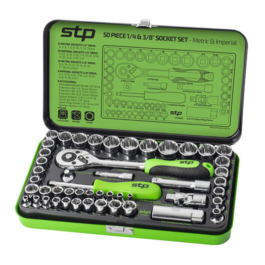 50Pce 1/4 + 3/8 Drive Socket Set Metric + Imperial STP2050 by Kincrome