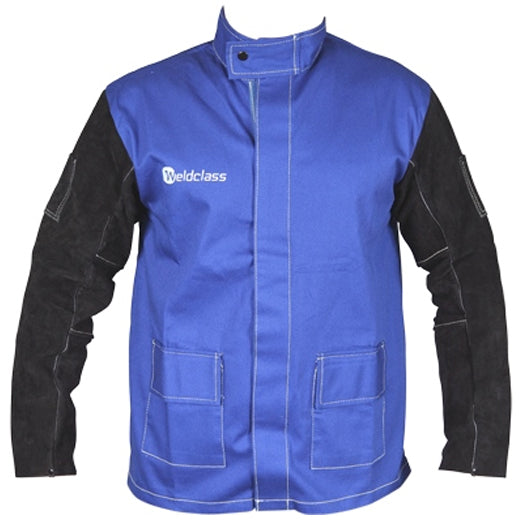 Cotton Welding Jacket with Leather Sleeves PROMAX BLUE FR by Weldclass
